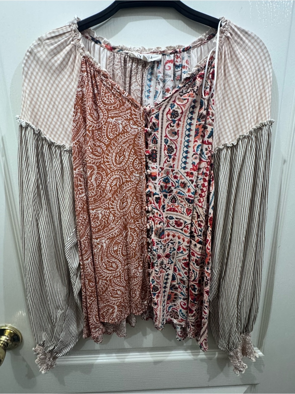 Oli & Hali Boho Mixed Print Patchwork Blouse Top S Smocked Stripe Paisley Floral
